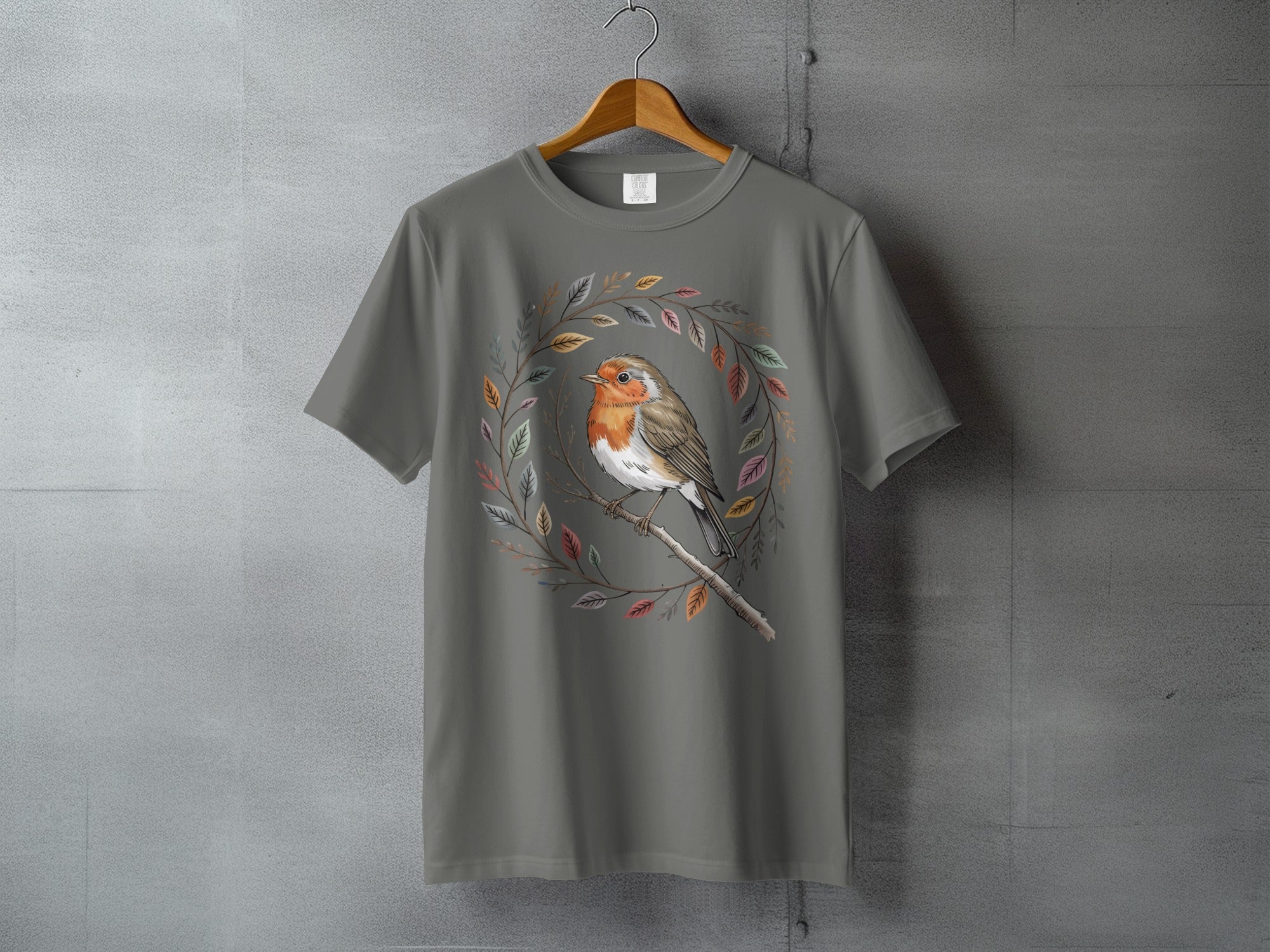 Gray shirt robin bird colorful leaf wreath product type