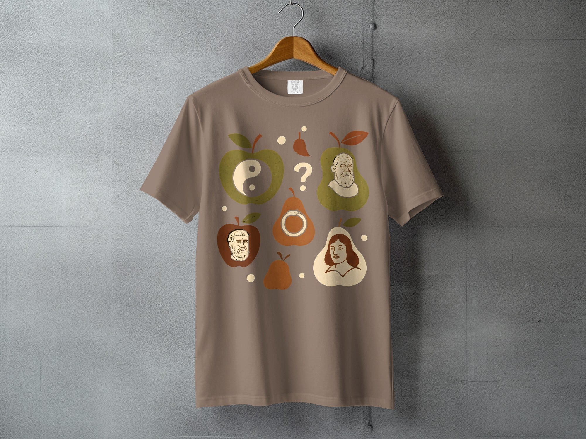 Wise Philosophers Yin Yang Fruit Question Mark product type
Philosophy
Philosopher
Socrates
Descartes
Yin Yang
Apple design
Pear design
Fruit art
Question mark
Thinking
Wisdom
Intellectual
Unique design
Graphic tee
Statement shirt
Casual fashion
Gift idea
Unisex style
Deep thought
Ancient wisdom