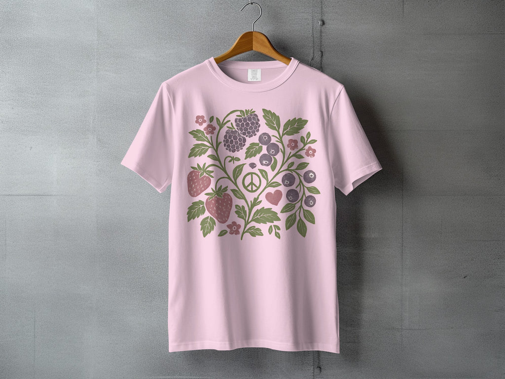 Pink Berry Peace Love Graphic T-Shirt Product Type
Pink t-shirt
Berry graphic
Strawberry print
Blueberry art
Raspberry design
Peace sign shirt
Heart symbol tee
Fruit pattern
Nature inspired
Floral motif
Botanical top
Summer apparel
Spring fashion
Casual tee
Graphic shirt
Aesthetic wear
Cute fruit tee
Hippie style
Garden theme
Vine art shirt