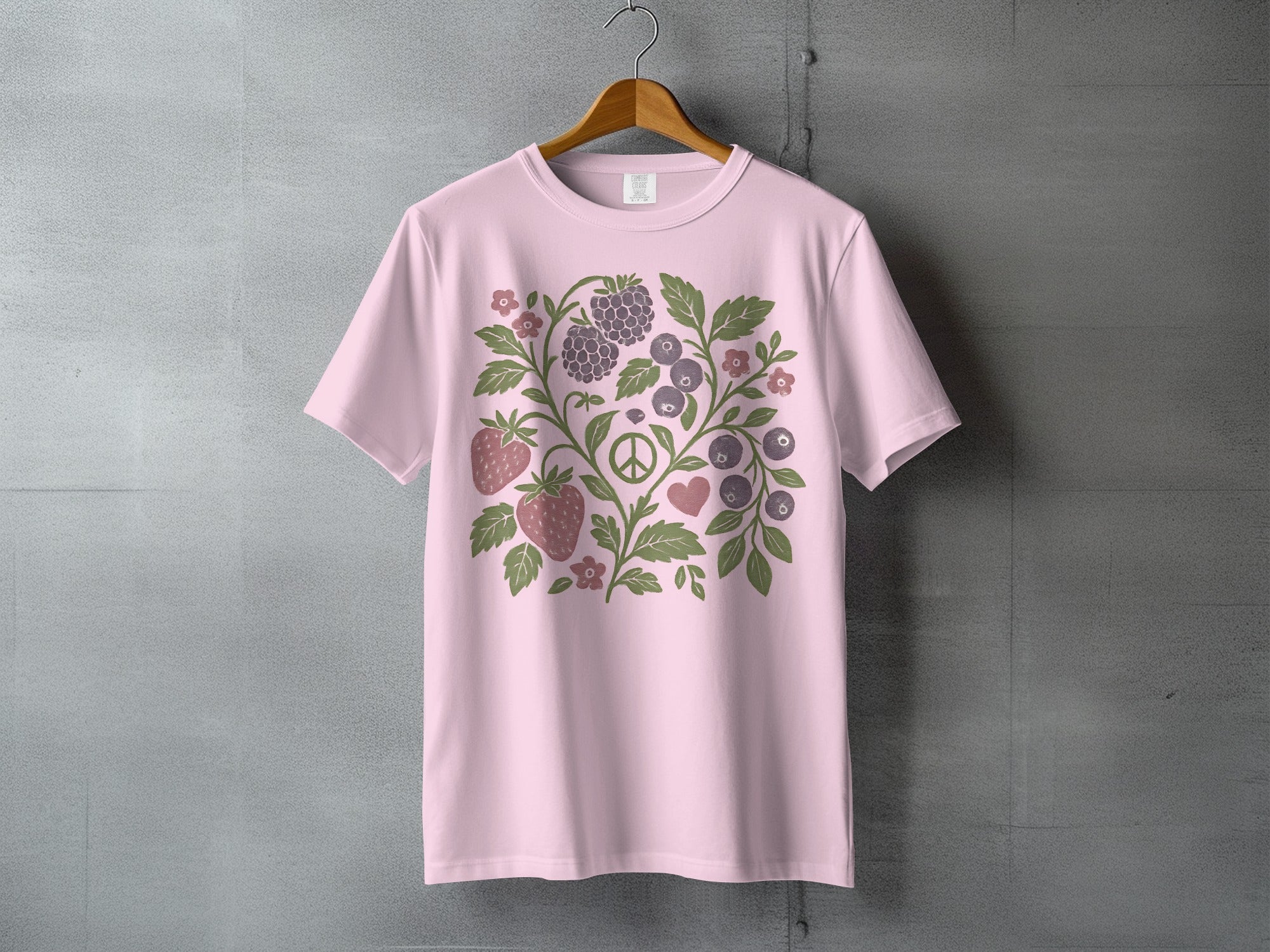 Pink Berry Peace Love Graphic T-Shirt Product Type
Pink t-shirt
Berry graphic
Strawberry print
Blueberry art
Raspberry design
Peace sign shirt
Heart symbol tee
Fruit pattern
Nature inspired
Floral motif
Botanical top
Summer apparel
Spring fashion
Casual tee
Graphic shirt
Aesthetic wear
Cute fruit tee
Hippie style
Garden theme
Vine art shirt