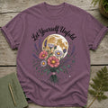 Purple t-shirt with a bouquet of flowers and the moon. "Let Yourself Unfold" text.