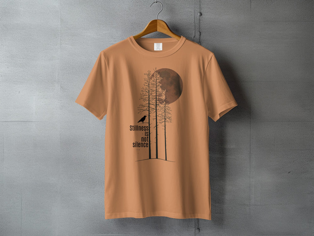 Stillness is not silence moon trees bird design T-shirt