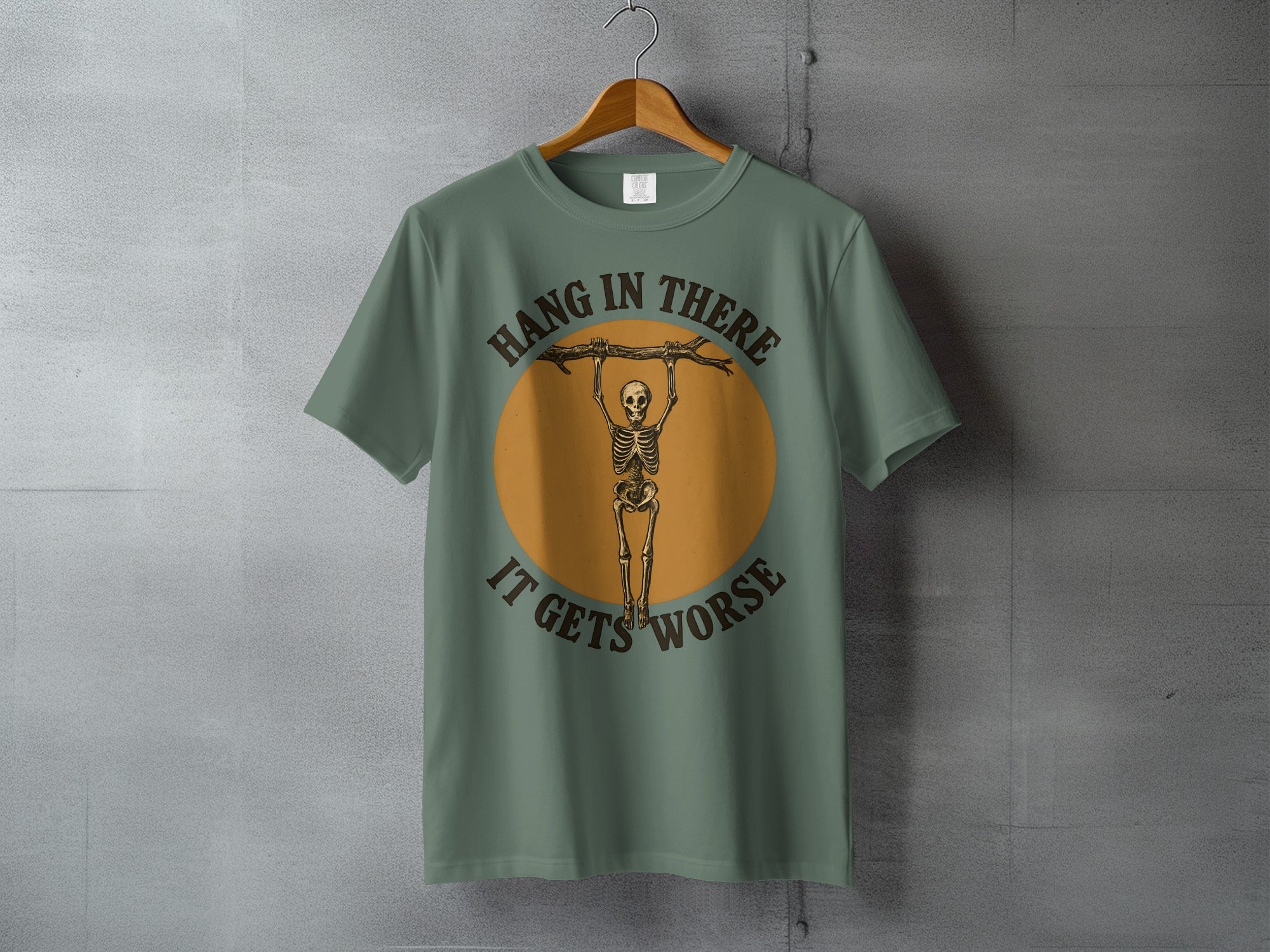 Hang In There It Gets Worse Skeleton Humor product type
Skeleton Tee
Hang In There
Gets Worse
Humor Shirt
Funny Skeleton
Dark Humor
Ironic Quote
Sarcastic Tee
Motivational Gag
Vintage Style
Retro Design
Grunge Apparel
Edgy Clothing
Alternative Fashion
Graphic T-shirt
Green Shirt
Branch Hanging
Witty Saying
Meme Shirt
Skeleton Art