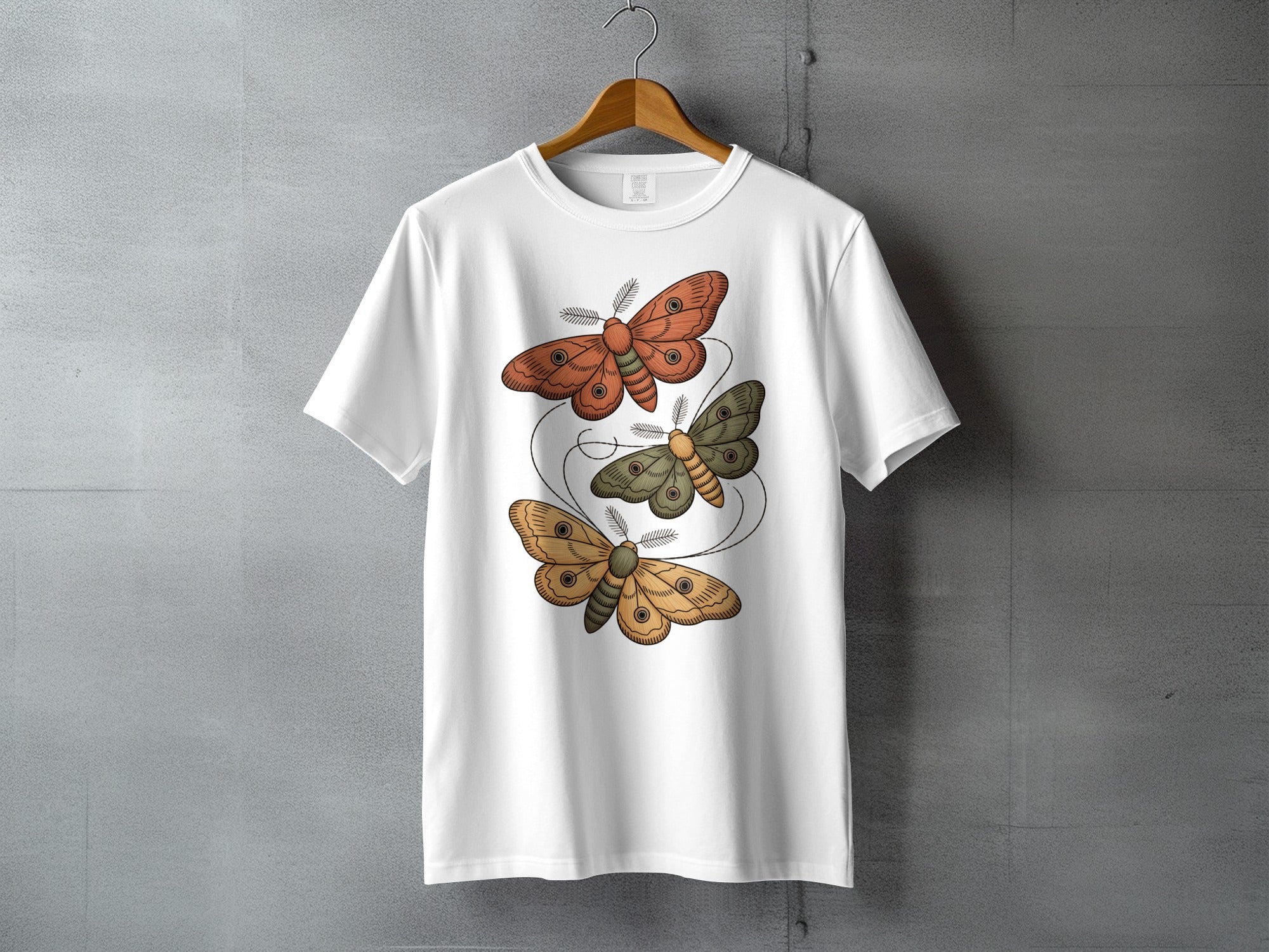 Three Detailed Moths White T-Shirt Swirl Graphic product type