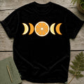 Black t-shirt with orange slice and crescent moon phases design.