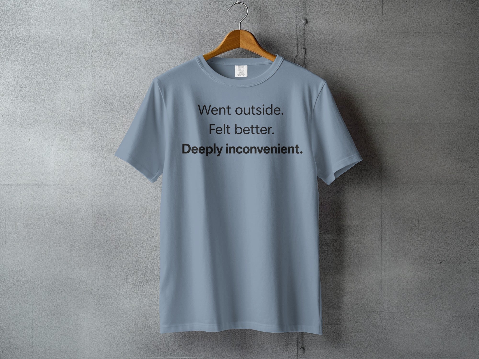 Light blue t-shirt with "Went outside. Felt better. Deeply inconvenient." text.