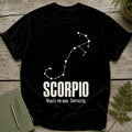 Black t-shirt with white Scorpio constellation and text: "SCORPIO Trusts no one. Correctly."