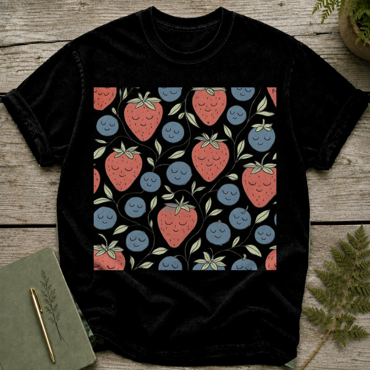 Black t-shirt with a repeating pattern of happy strawberries and blueberries.