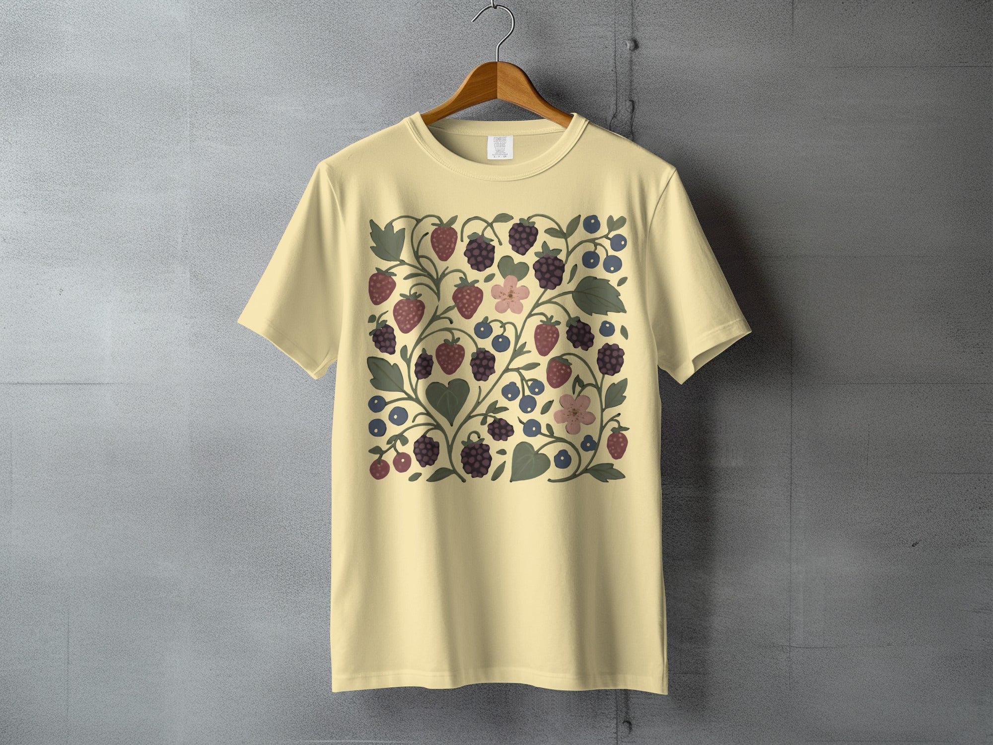 Wild Berry Floral Vine Botanical Garden T-Shirt product type
Berry
Floral
Botanical
Garden
Fruit
Strawberry
Blueberry
Blackberry
Flower
Leaf
Vine
Pattern
Illustration
Nature
Summer
Rustic
Forest
Plant
Tee
Apparel