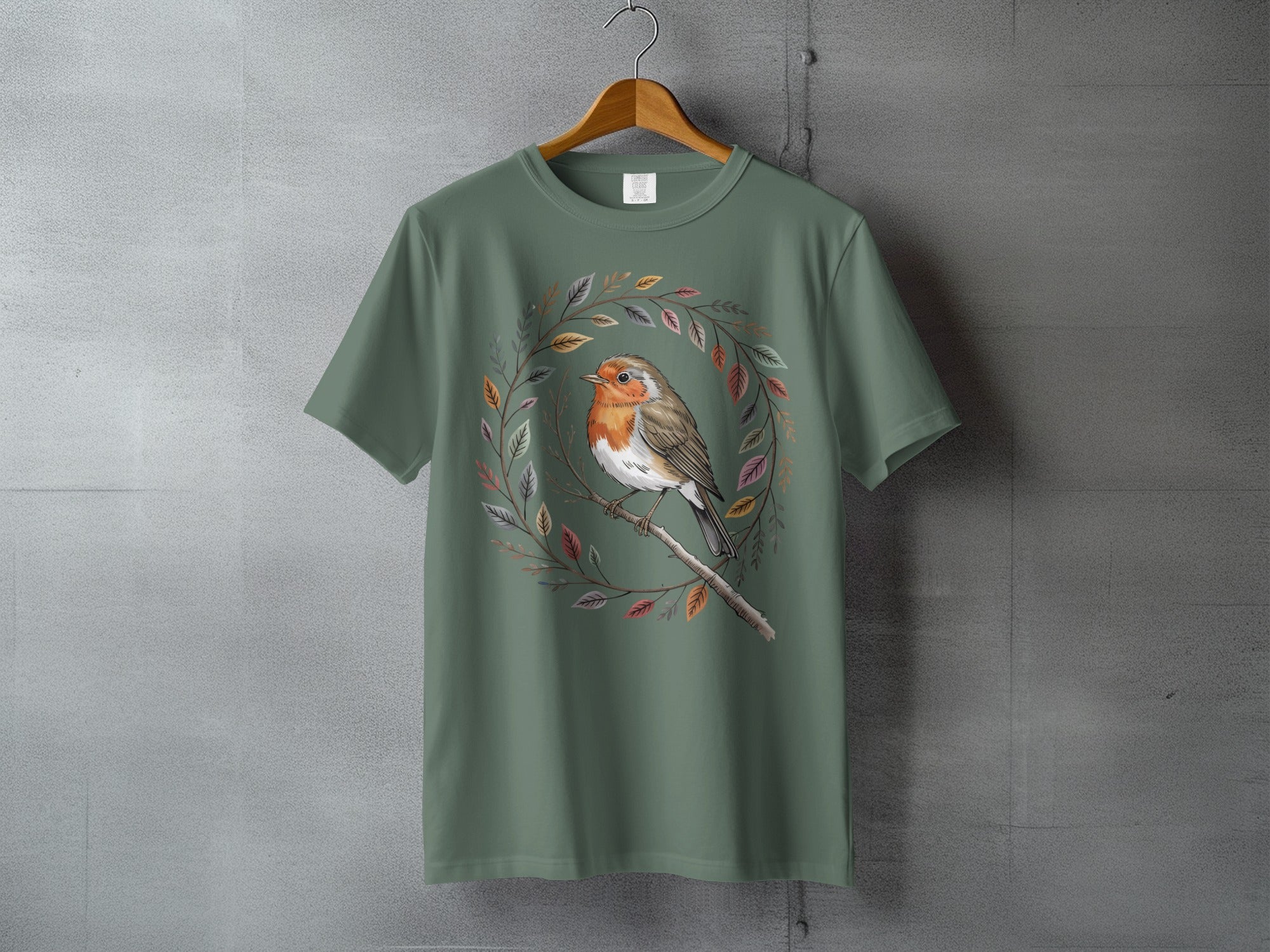 Robin Bird Branch Leaf Wreath Green Garment product type