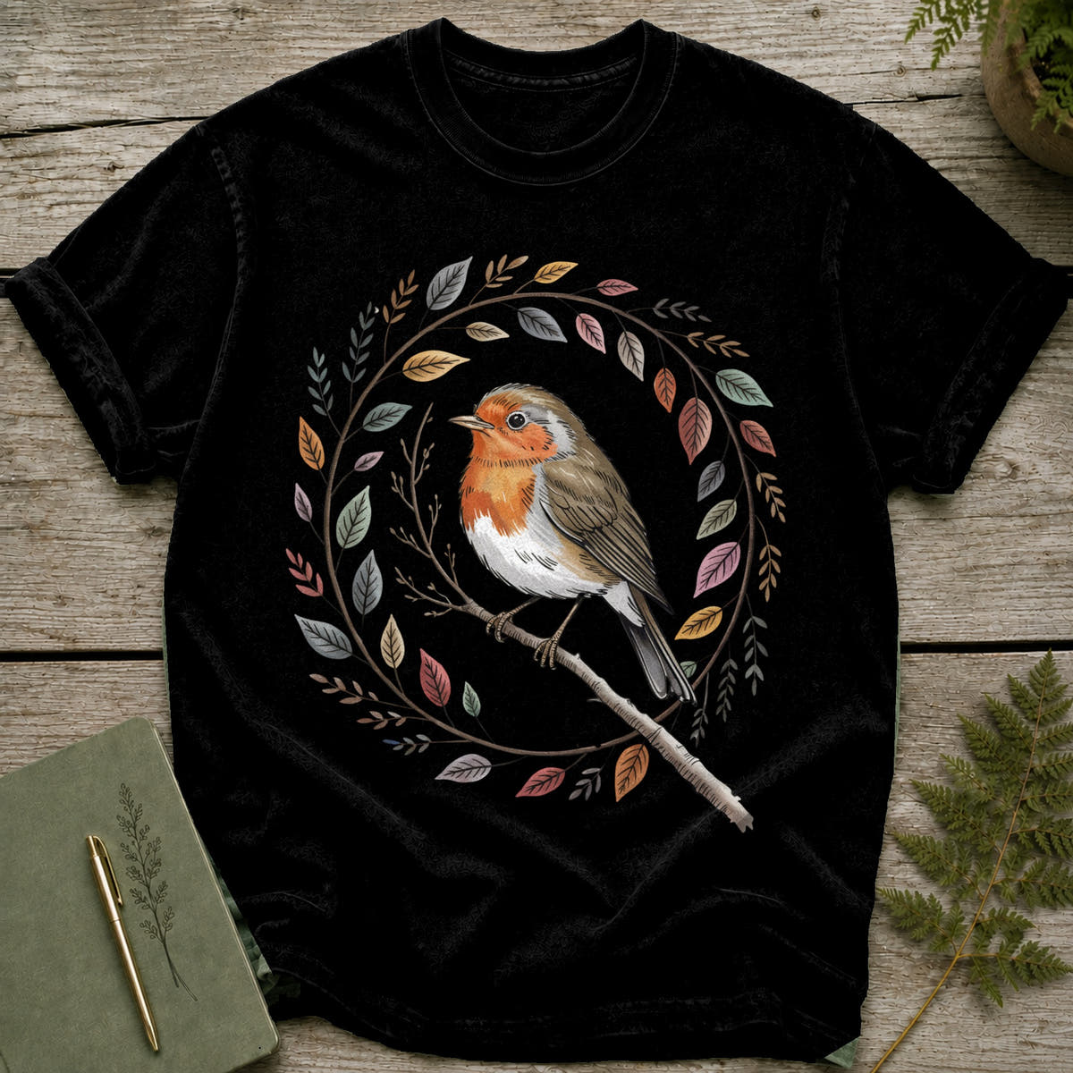 Black t-shirt with a robin perched on a branch, surrounded by a wreath of autumn leaves.