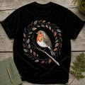 Black t-shirt with a robin perched on a branch, surrounded by a wreath of autumn leaves.