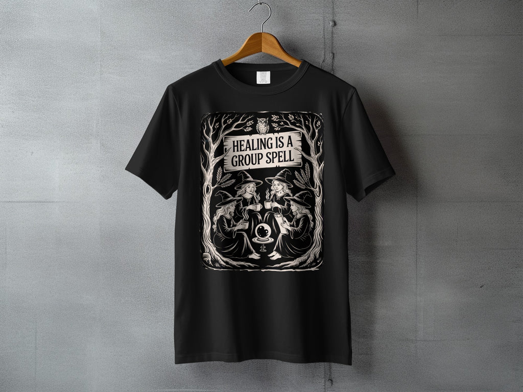 HEALING IS A GROUP SPELL Three Witches Owl Trees T-shirt