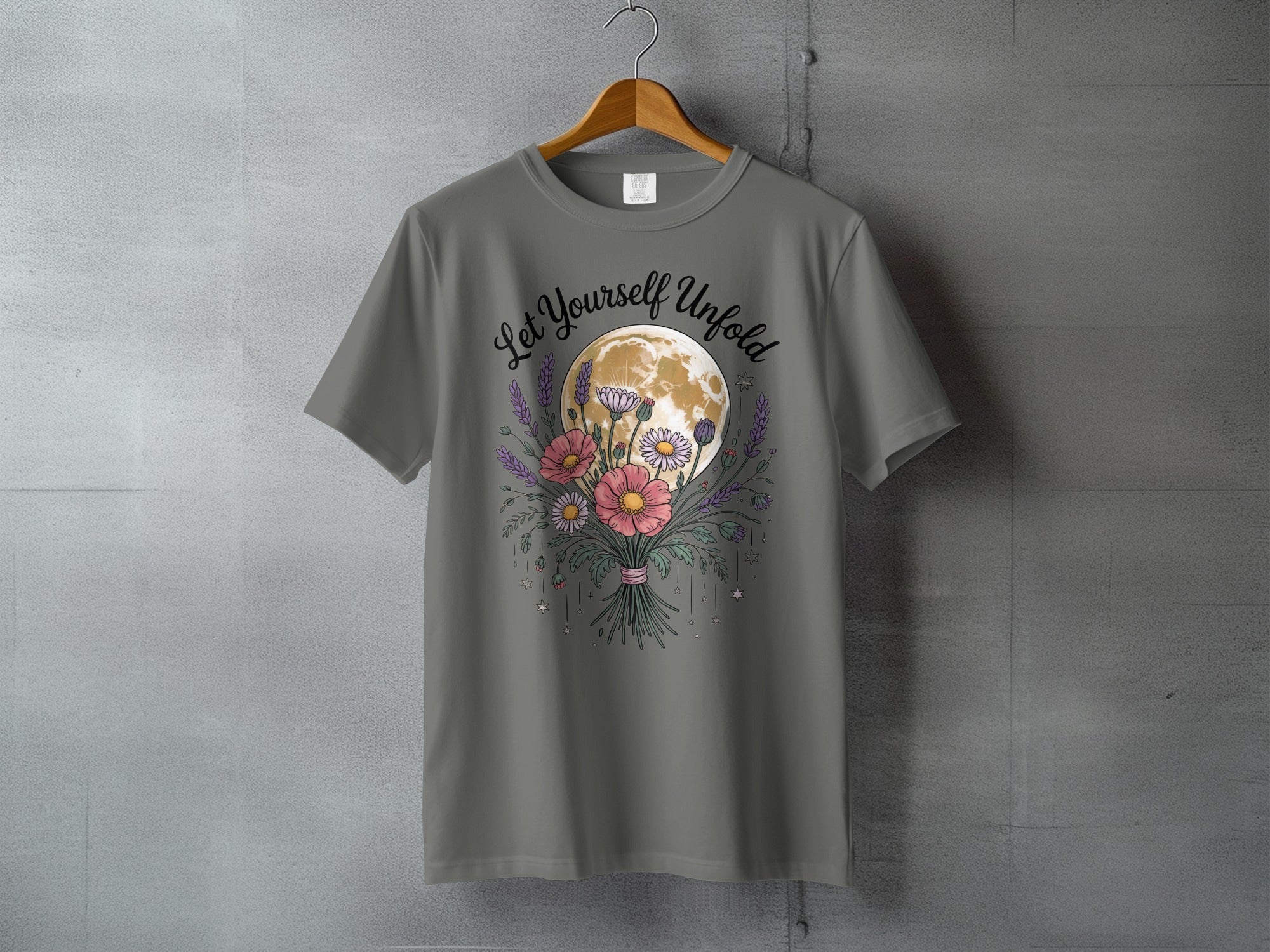 Let Yourself Unfold Moon Flowers Stars Gray product type