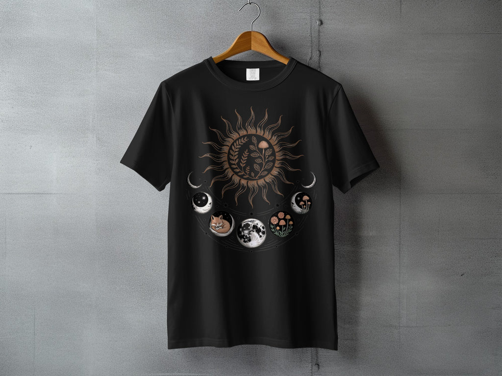 Celestial Sun Moon Phases Fox Mushroom Flowers Stars t-shirt