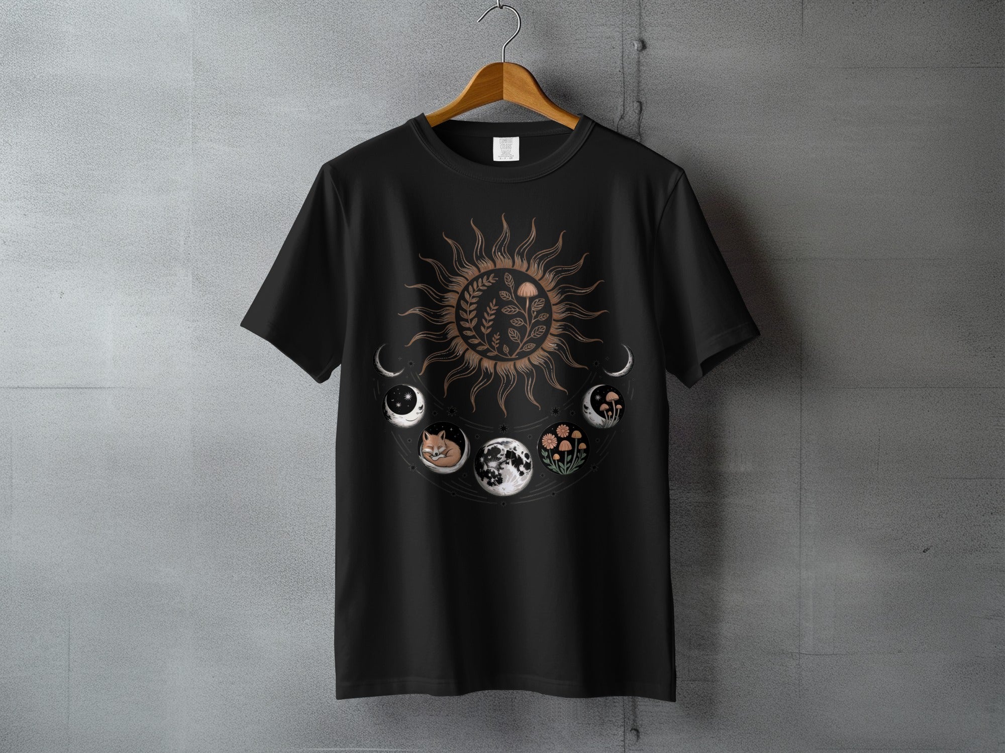 Celestial Sun Moon Phases Fox Mushroom Flowers Stars t-shirt