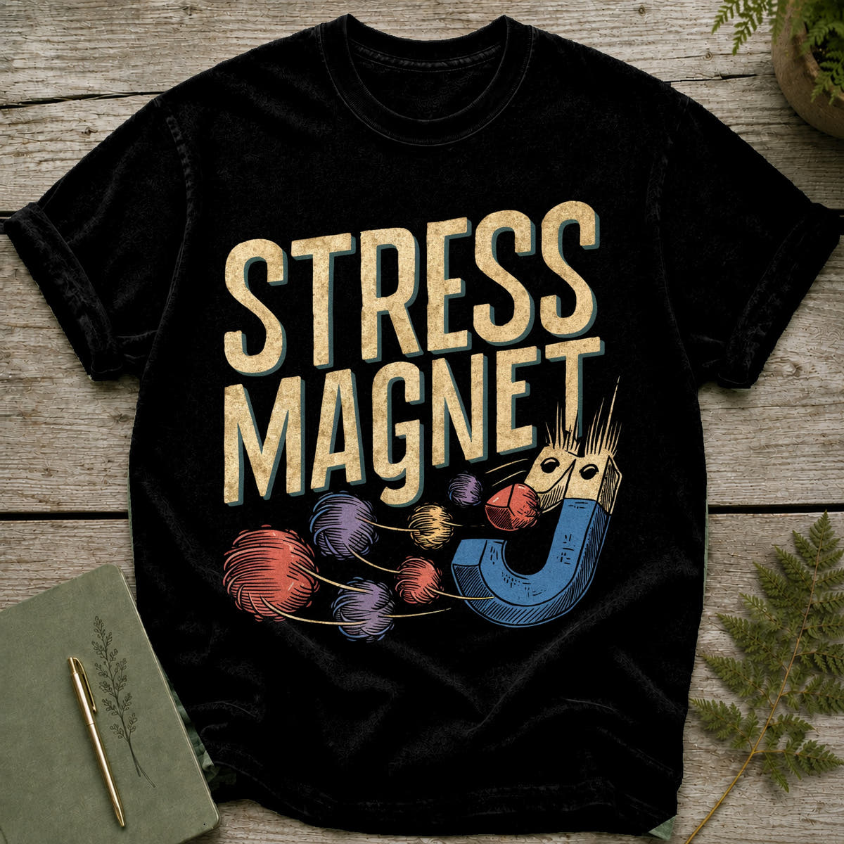Black t-shirt with "STRESS MAGNET" text and a magnet attracting yarn balls.