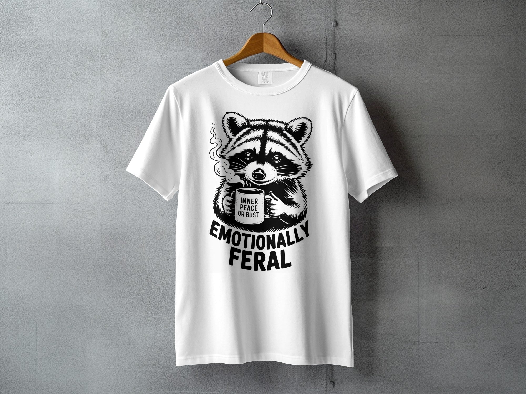 Raccoon holding INNER PEACE OR BUST mug EMOTIONALLY FERAL product type