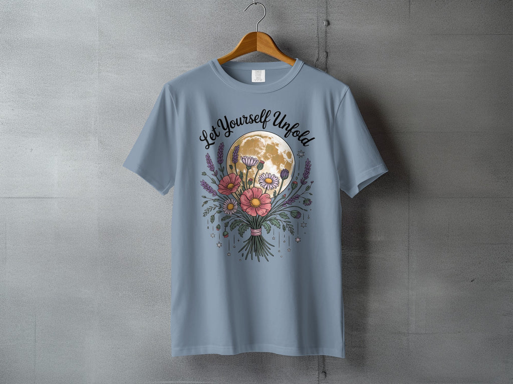 Let Yourself Unfold Full Moon Flower Bouquet Stars t-shirt