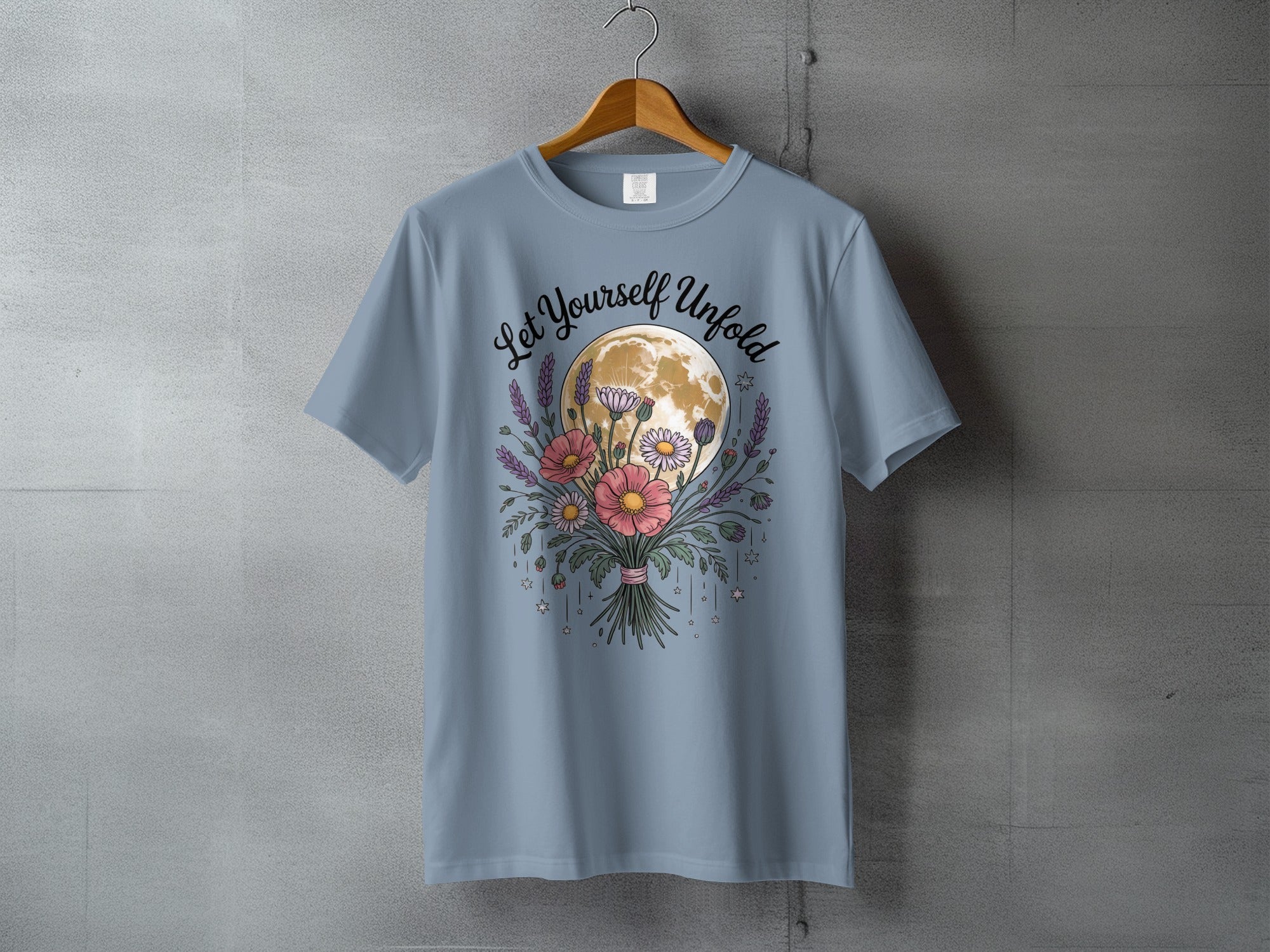 Let Yourself Unfold Full Moon Flower Bouquet Stars t-shirt