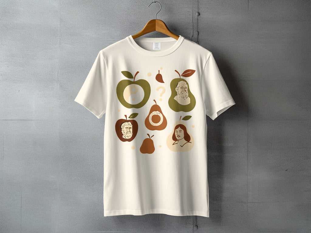 Philosophical Fruit Question Mark Yin Yang product type
T-shirt, Graphic tee, Philosopher, Philosophy, Science, Thinker, Apple design, Pear design, Fruit art, Yin Yang symbol, Question mark, Intellectual, Unique graphic, Ancient wisdom, Modern thought, Artistic design, Historical figures, Logic theme, Symbolic print, Enlightenment