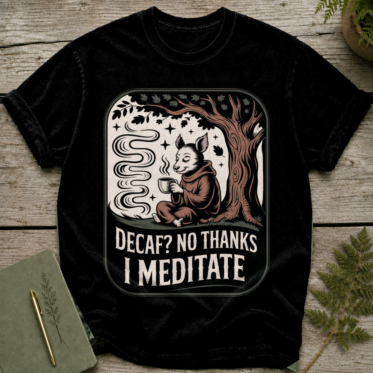 Black t-shirt with a wolf in monk robes holding a coffee cup under a tree, text "Decaf? No Thanks I Meditate".