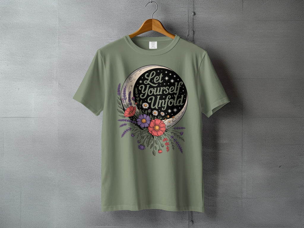 Let Yourself Unfold Crescent Moon Flowers Stars tshirt product type