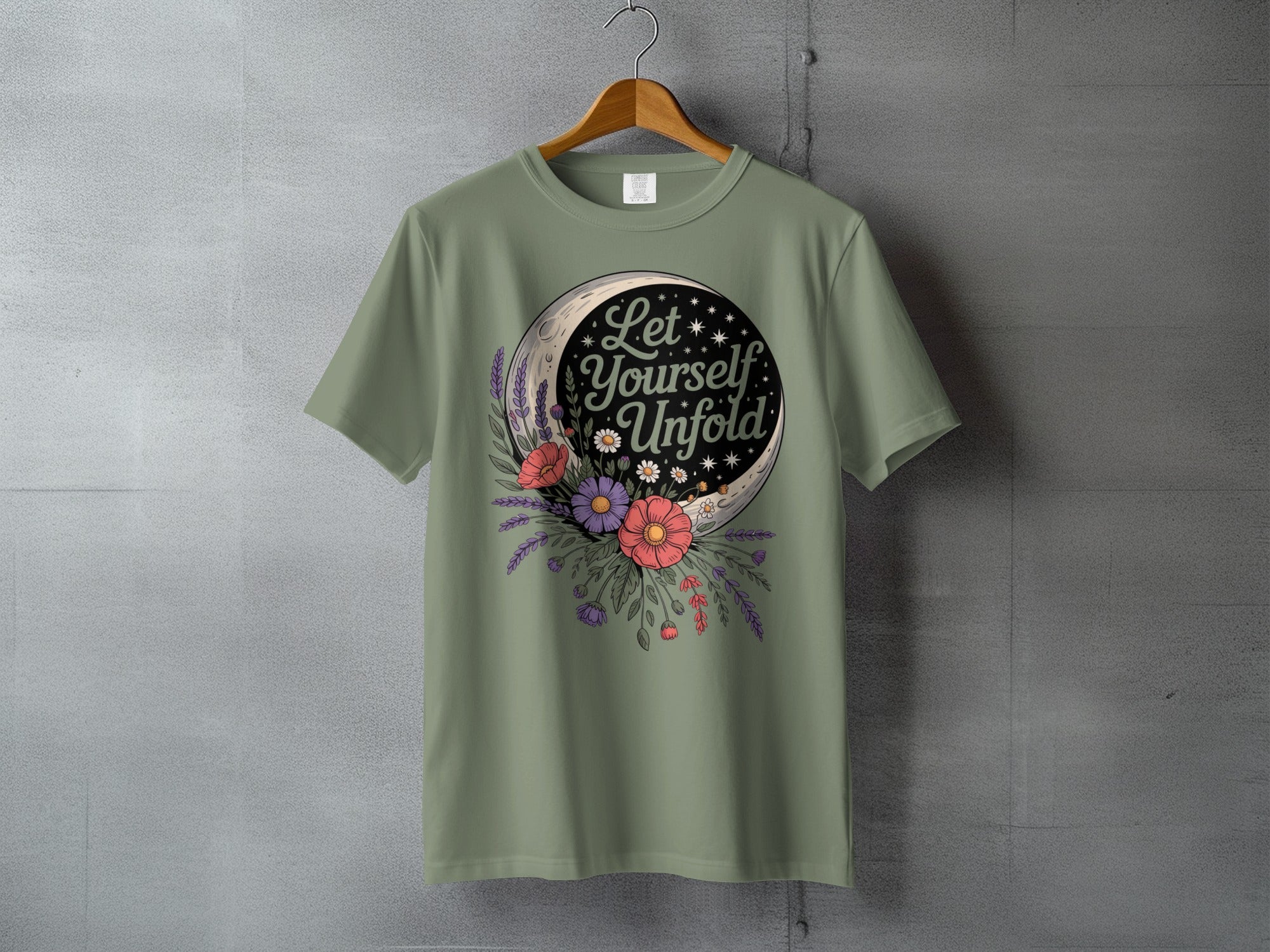 Let Yourself Unfold Crescent Moon Flowers Stars tshirt product type