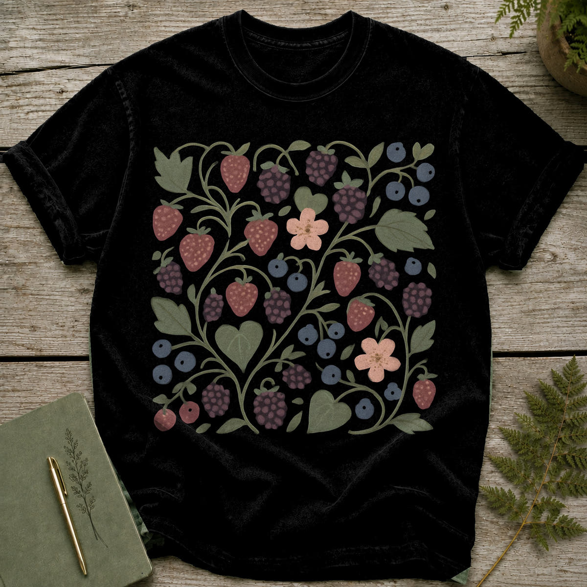 Black t-shirt with a folk art berry and floral vine pattern.
