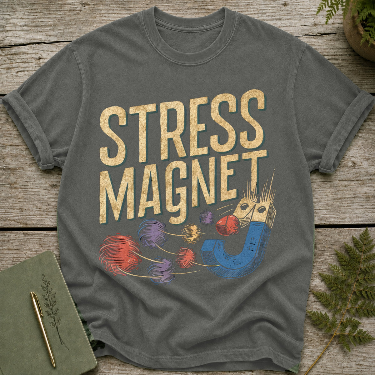 Gray t-shirt with "Stress Magnet" text and graphic of a magnet attracting colorful balls.