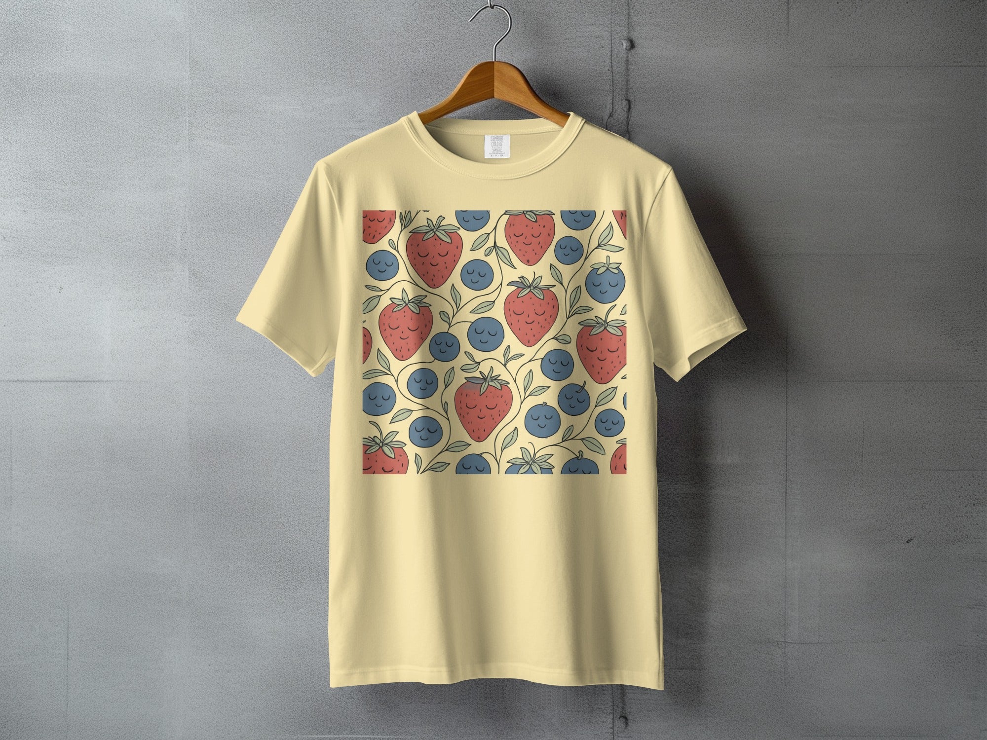 Cute Strawberry Blueberry Berry Pattern Sleepy Faces product type
Strawberry
Blueberry
Berries
Fruit pattern
Cute design
Whimsical print
Cartoon fruit
Happy faces
Sleepy berries
Nature inspired
Summer theme
Foodie fashion
Repeating pattern
Red fruit
Blue fruit
Green leaves
Yellow shirt
Casual apparel
Unique print
Berry vines