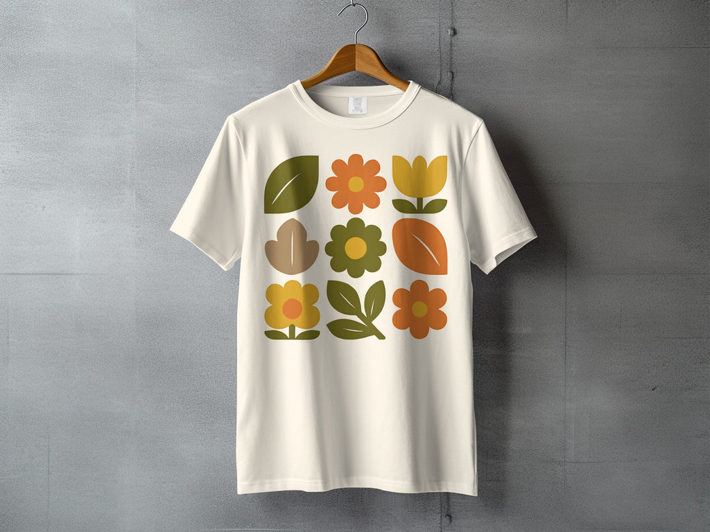 Retro Floral Botanical Block Print product type
Floral Print
Botanical Design
Retro Flowers
Vintage Style
Mid Century Modern
Abstract Floral
Earthy Tones
Autumn Colors
Nature Inspired
Boho Chic
Garden Print
Flower Pattern
Leaf Design
Plant Illustration
Cream Shirt
Orange Flowers
Green Leaves
Yellow Blooms
Aesthetic Graphic
Unique Design
