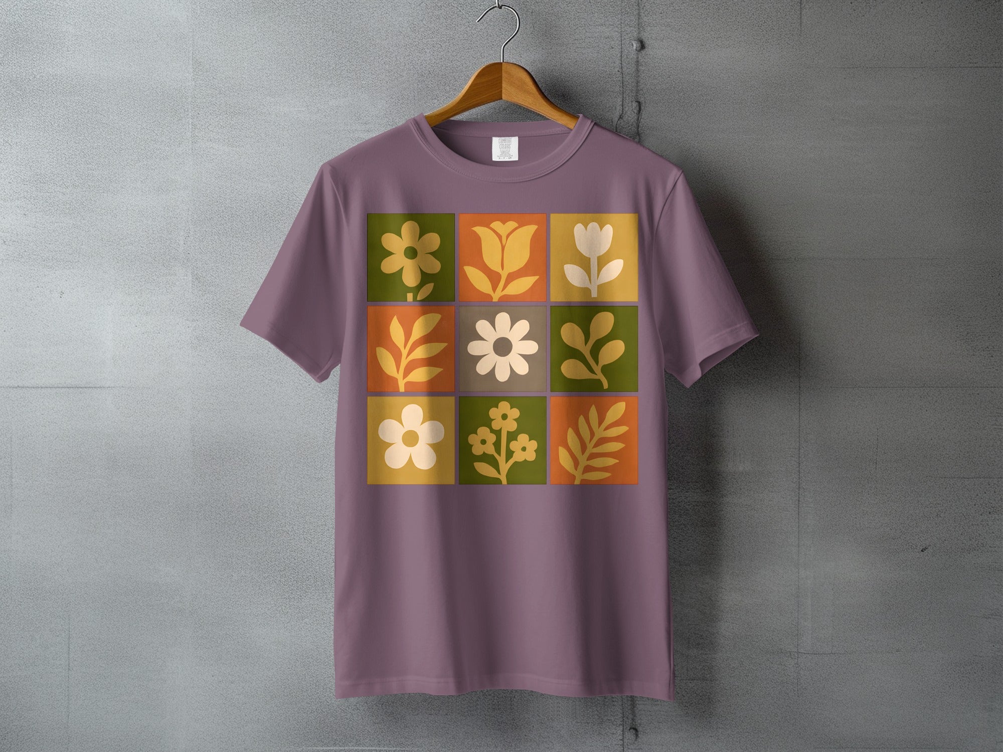 Retro floral blocks graphic design t-shirt product type
Floral, Botanical, Retro design, Vintage style, Flower pattern, Leaf print, Grid artwork, Square blocks, Nature motif, Aesthetic tee, Graphic t-shirt, Trendy apparel, Unique shirt, Plant illustrations, Earthy colors, Green yellow, Orange brown, Modern floral, Abstract flowers, Casual wear