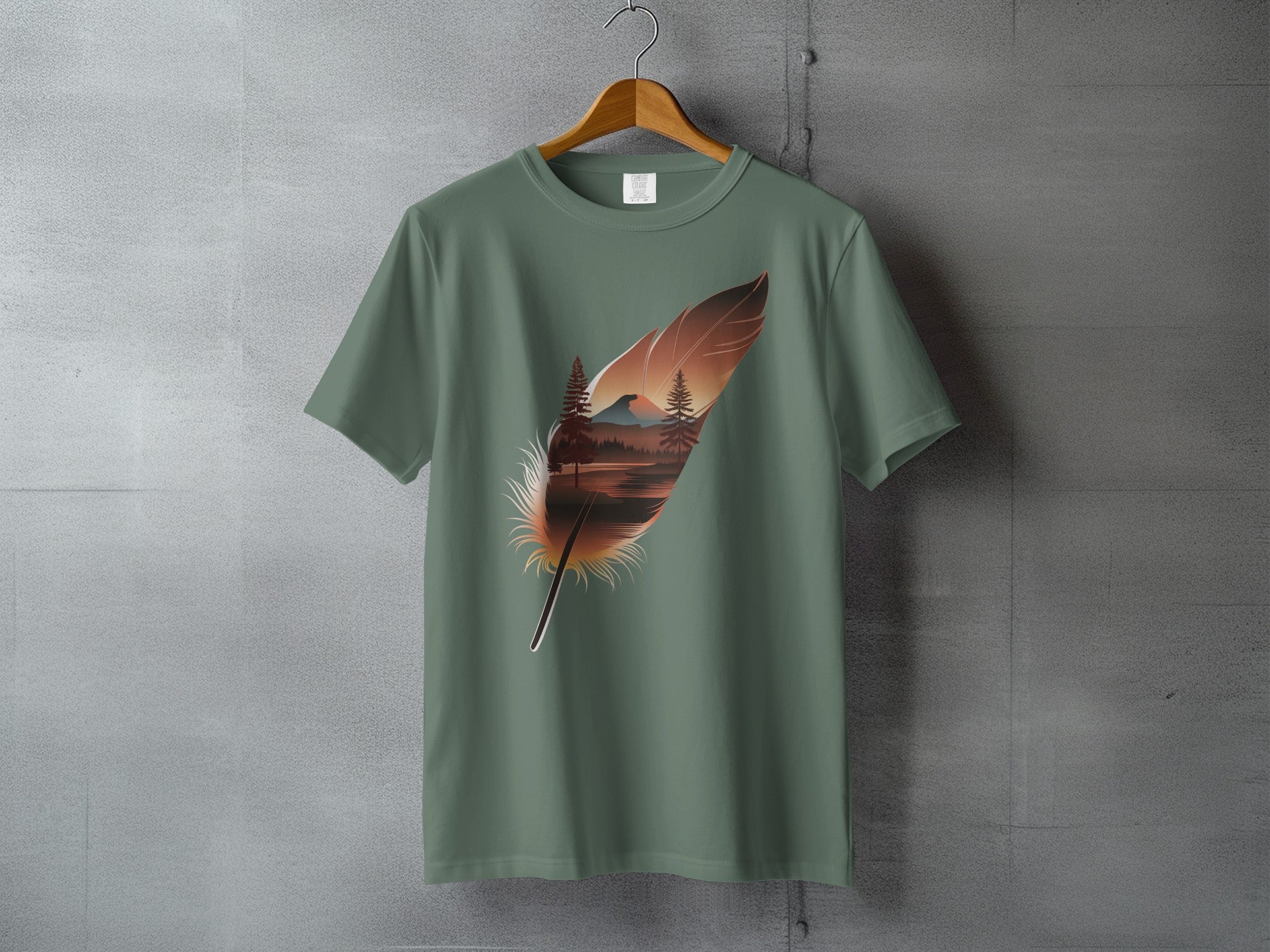 Feather Design Mountain Lake Forest Scene Sunrise Sunset Green product type