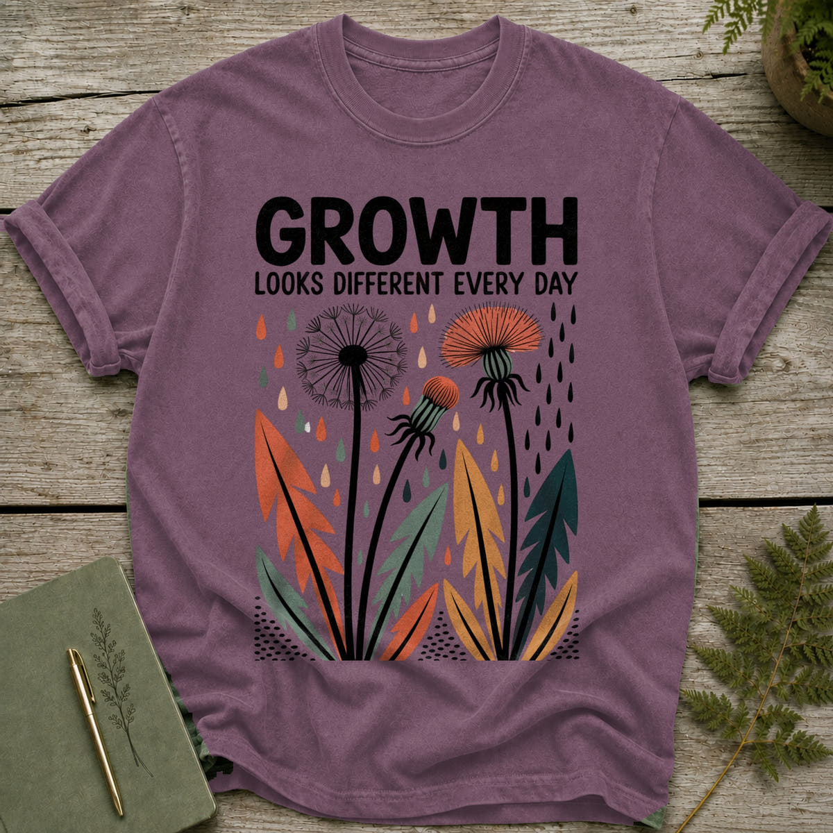 T-shirt with "Growth Looks Different Every Day" text and dandelion graphic.