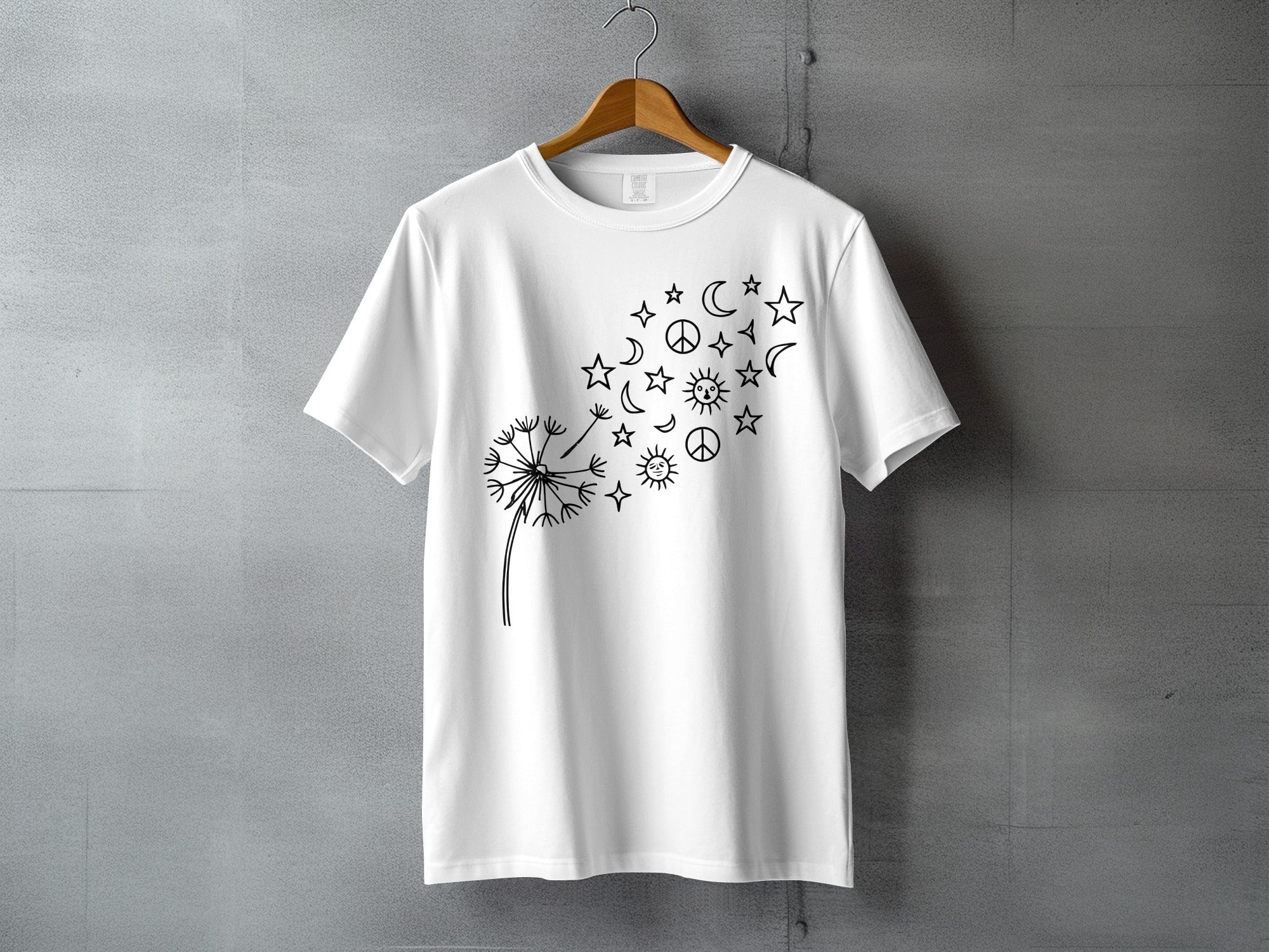 Dandelion Peace Star Moon Sun Fantasy Wish Graphic product type
Dandelion, Peace Sign, Celestial, Stars, Moon, Sun, Wish, Fantasy, Boho, Hippie, Nature, Spiritual, Dreamy, Cosmic, Astrology, Graphic Tee, T-Shirt, Apparel, White Tee, Black Design