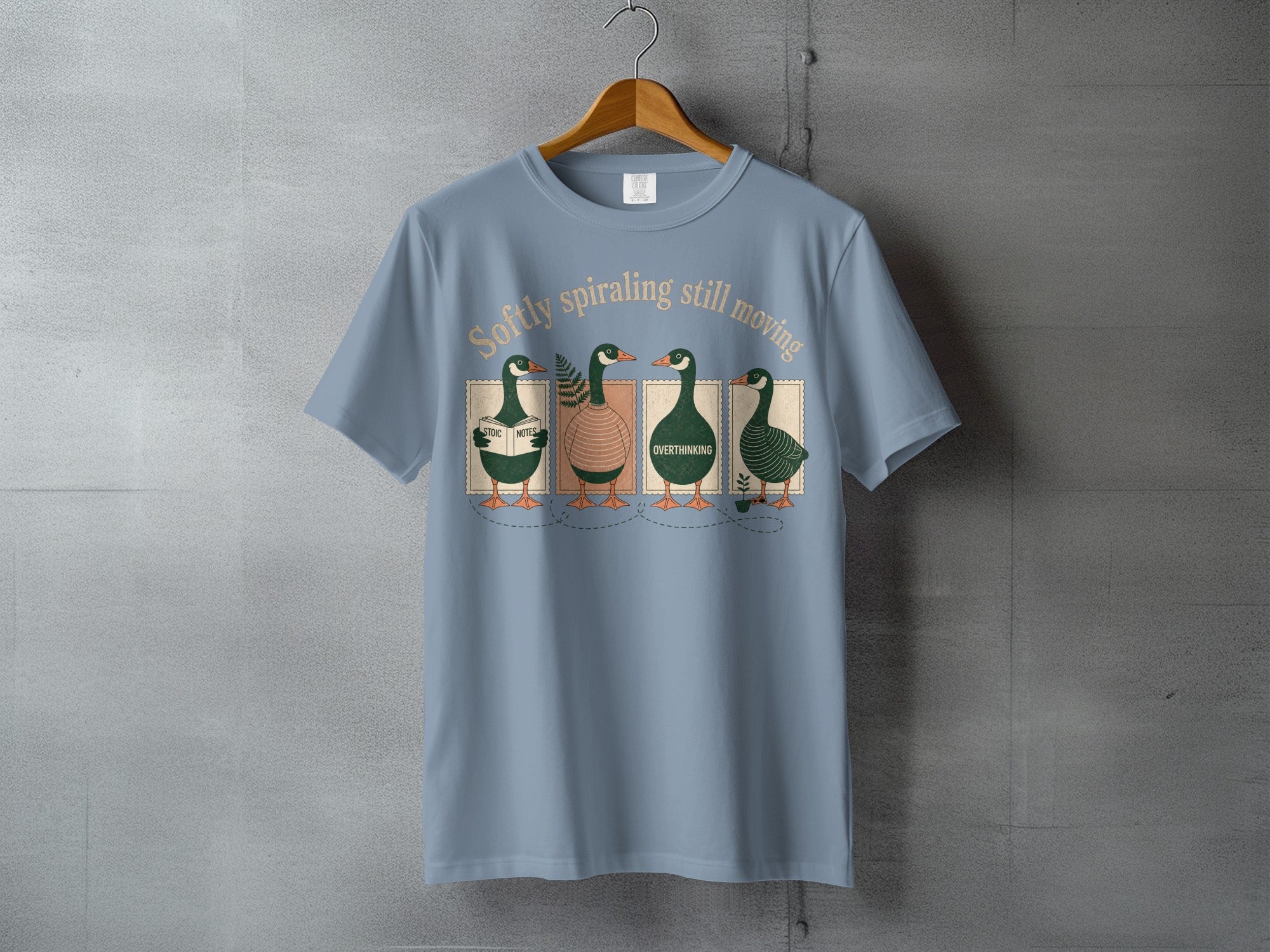 Four geese in sweaters with text: Softly spiraling still moving, overthinking.