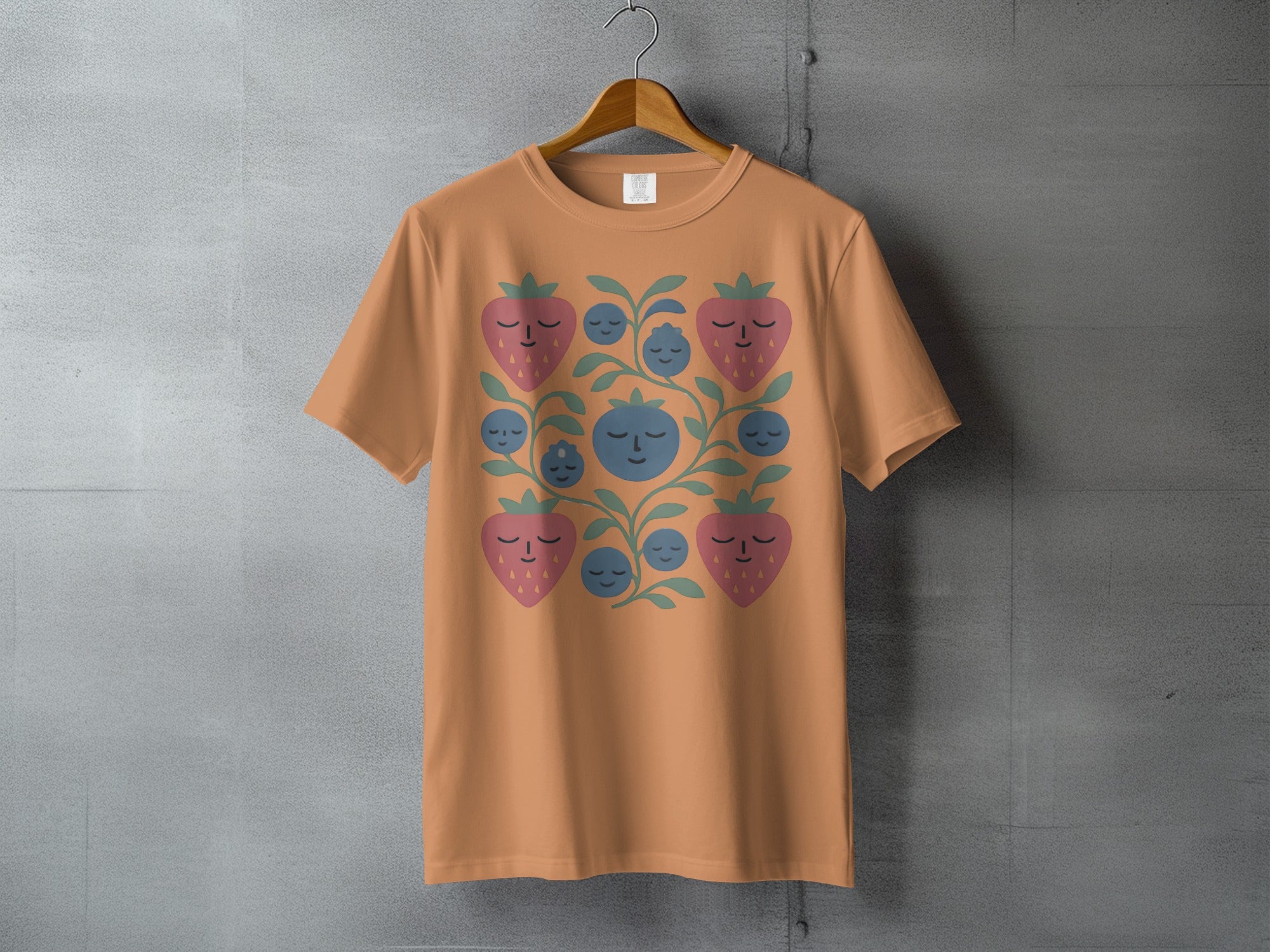 Sleeping Strawberry Blueberry Botanical Pattern Peach T-Shirt product type
Strawberry, Blueberry, Fruit Design, Berry Pattern, Botanical Art, Cute Berries, Whimsical Design, Folk Inspired, Nature Motif, Plant Print, Vine Pattern, Leaves Design, Orange Tee, Peach Top, Terracotta Shirt, Graphic Shirt, Summer Fashion, Unique Print, Sweet Fruit, Garden Theme