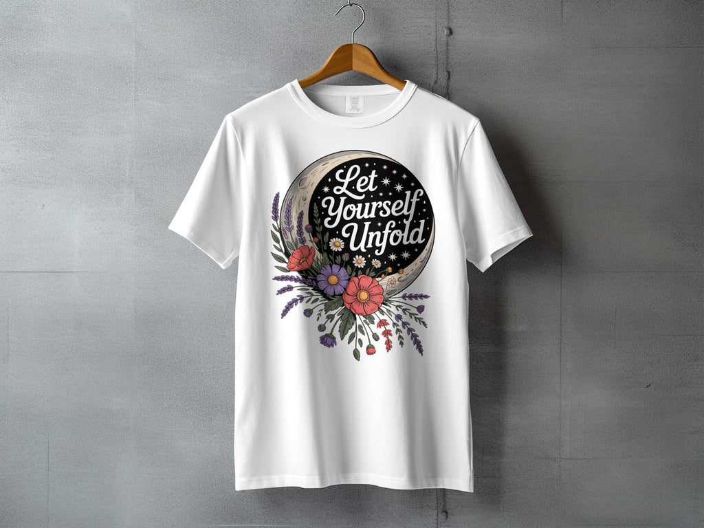 Let Yourself Unfold Moon Flowers Celestial Design product type
Moon design, Floral graphic, Inspirational quote, Celestial t-shirt, Let Yourself Unfold, Nature aesthetic, Spiritual clothing, Positive message, Growth mindset, Self love tee, Unique apparel, Artistic print, Botanical shirt, Summer fashion, Everyday wear, Graphic t-shirt, White tee, Gift idea, Comfortable top, Creative design