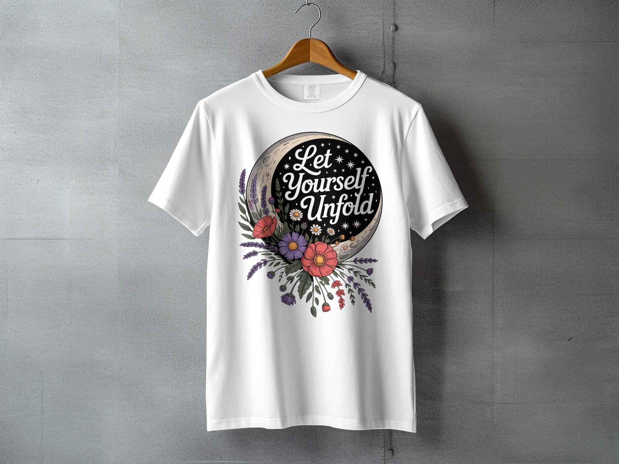Let Yourself Unfold Moon Flowers Celestial Design product type
Moon design, Floral graphic, Inspirational quote, Celestial t-shirt, Let Yourself Unfold, Nature aesthetic, Spiritual clothing, Positive message, Growth mindset, Self love tee, Unique apparel, Artistic print, Botanical shirt, Summer fashion, Everyday wear, Graphic t-shirt, White tee, Gift idea, Comfortable top, Creative design