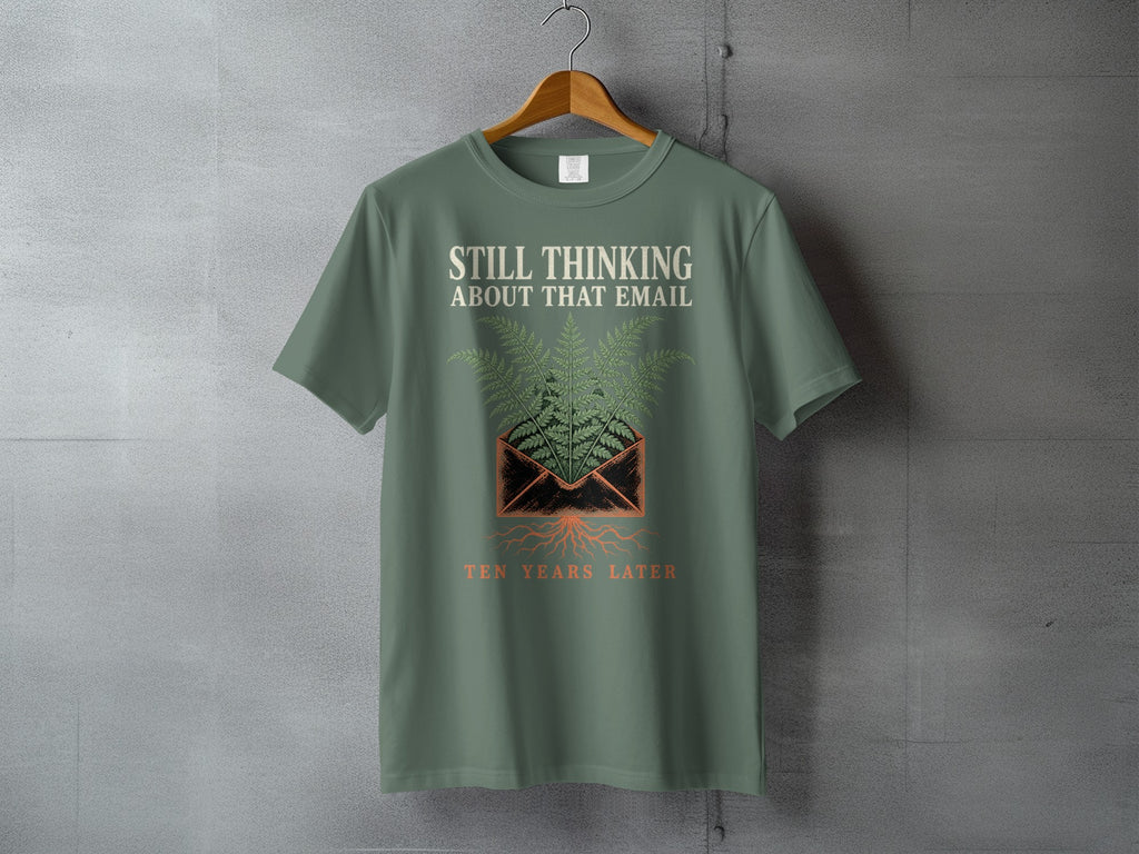 Green t-shirt with text "Still thinking about that email ten years later" and a fern.
