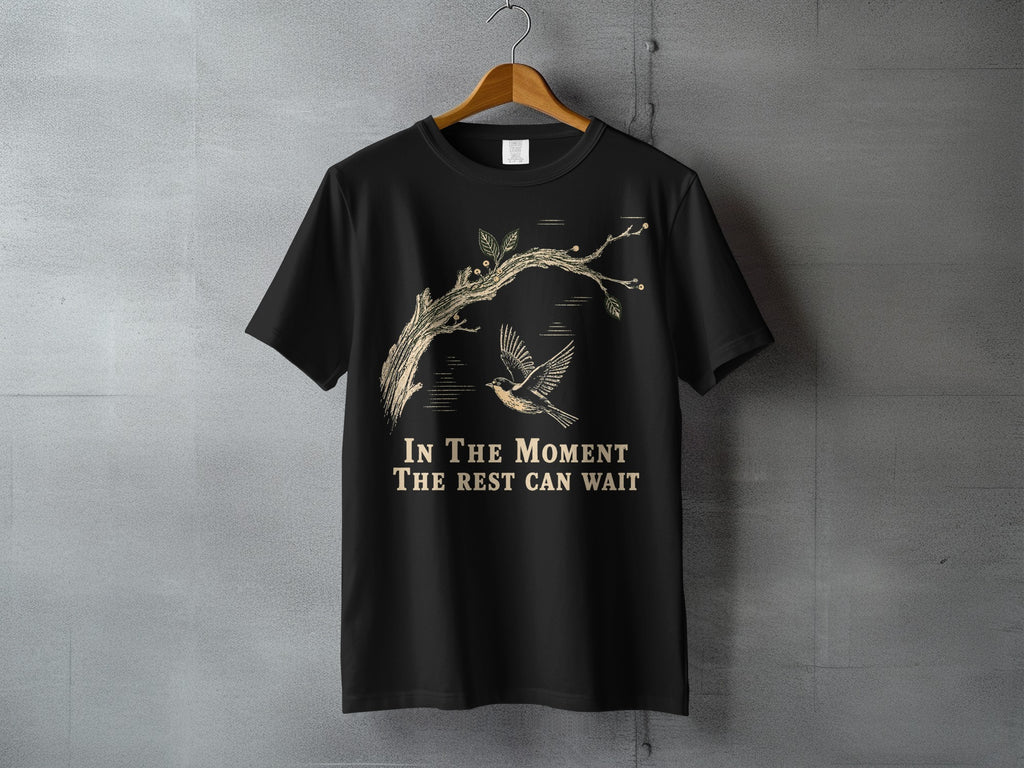Black t-shirt with a bird and tree branch design and text "IN THE MOMENT THE REST CAN WAIT".