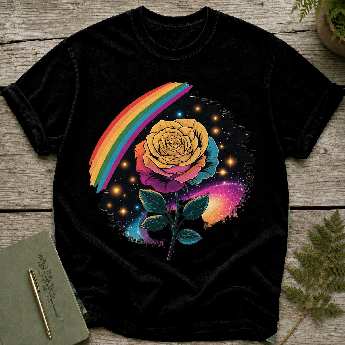 Black t-shirt with a rainbow and a multi-colored galaxy rose graphic.