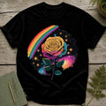 Black t-shirt with a rainbow and a multi-colored galaxy rose graphic.