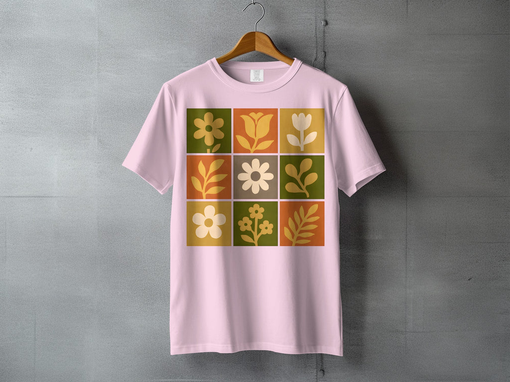 Pink Floral Grid Design Retro Style Square Pattern product type
pink shirt, floral design, retro style, grid pattern, botanical art, flower power, garden motifs, earthy colors, vintage inspired, square print, graphic shirt, nature aesthetic, blossoms, leaf patterns, artistic print, casual fashion, summer style, spring collection, unique design, apparel