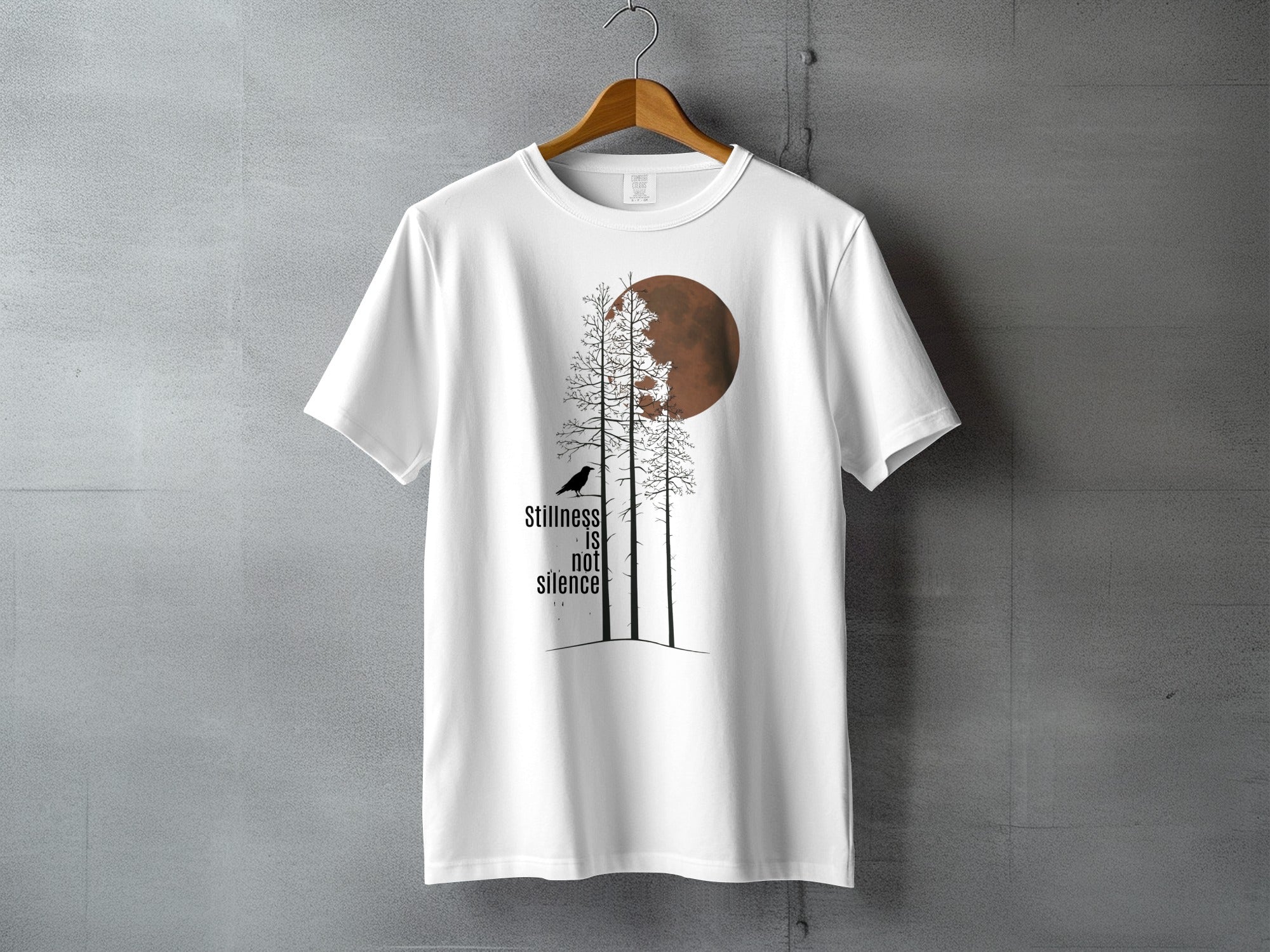 Stillness IS not silence moon tree bird t-shirt product type