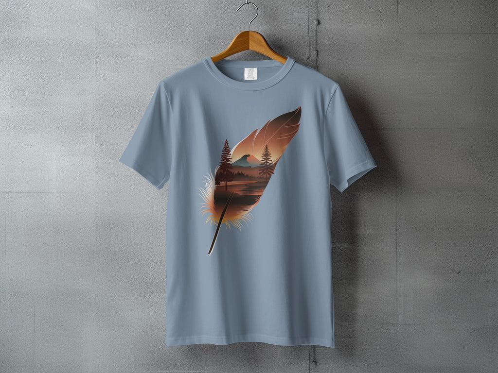 Feather mountain lake trees sunset graphic product type