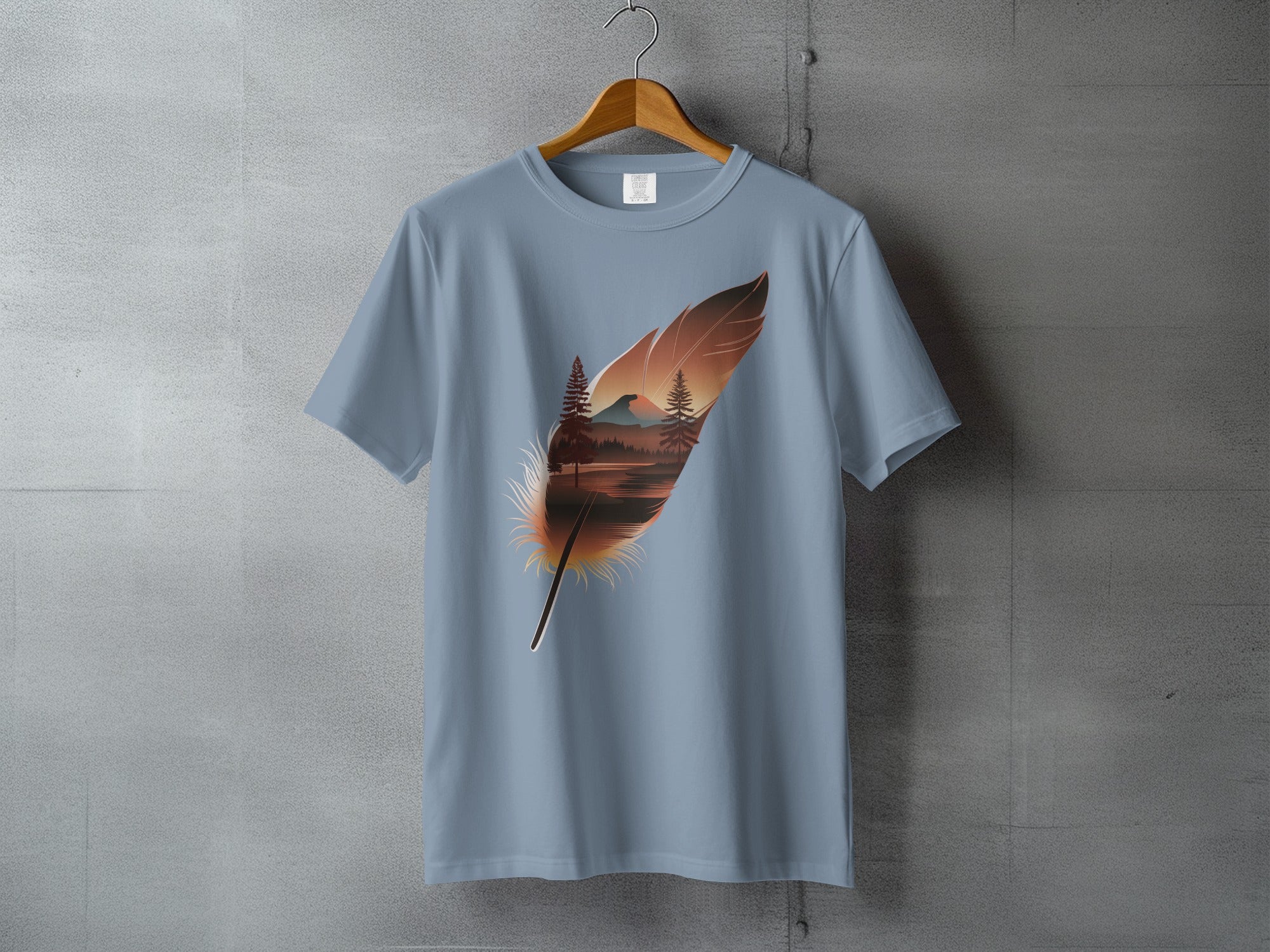 Feather mountain lake trees sunset graphic product type
