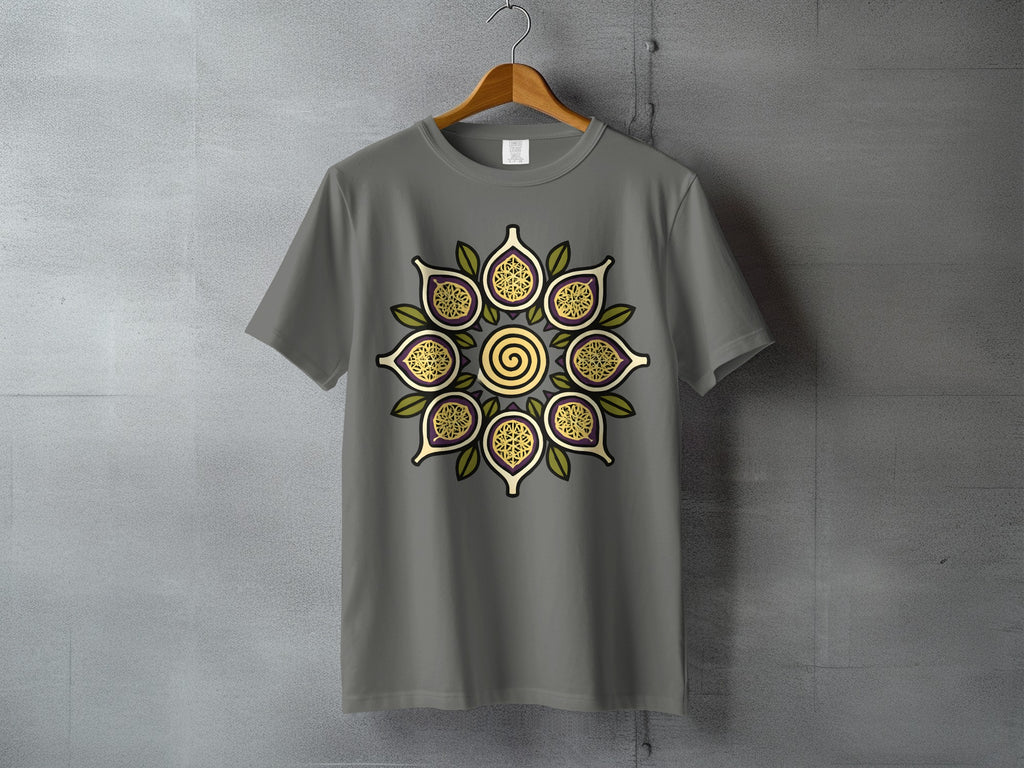 Organic Fig Mandala Design Spiritual Gray product type
T-shirt, Mandala, Fig design, Spiral art, Fruit pattern, Nature inspired, Botanical print, Organic design, Spiritual motif, Zen apparel, Meditation top, Boho style, Hippie graphic, Unique art, Graphic tee, Gray shirt, Green yellow, Purple accent, Summer wear, Casual clothing