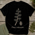 Black t-shirt with a scientific illustration of a pine branch and cone labeled "Pinus exhaustus".